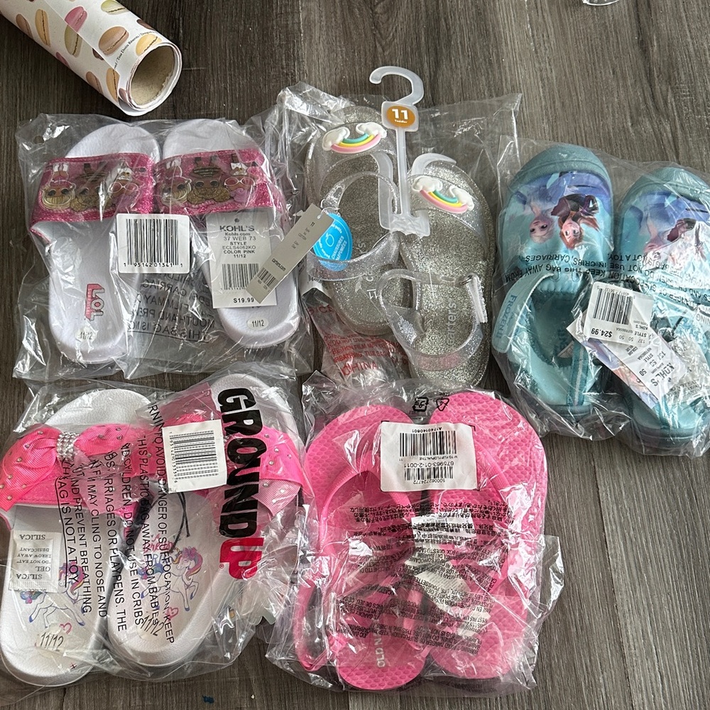L.O.L. Surprise! , Unicorn, Old Navy, Carter’s sandals and Frozen water shoes.